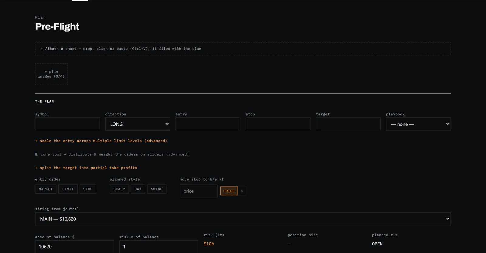 A pre-flight plan with entry, stop, target, checklist and state of mind, linked to the executed trade